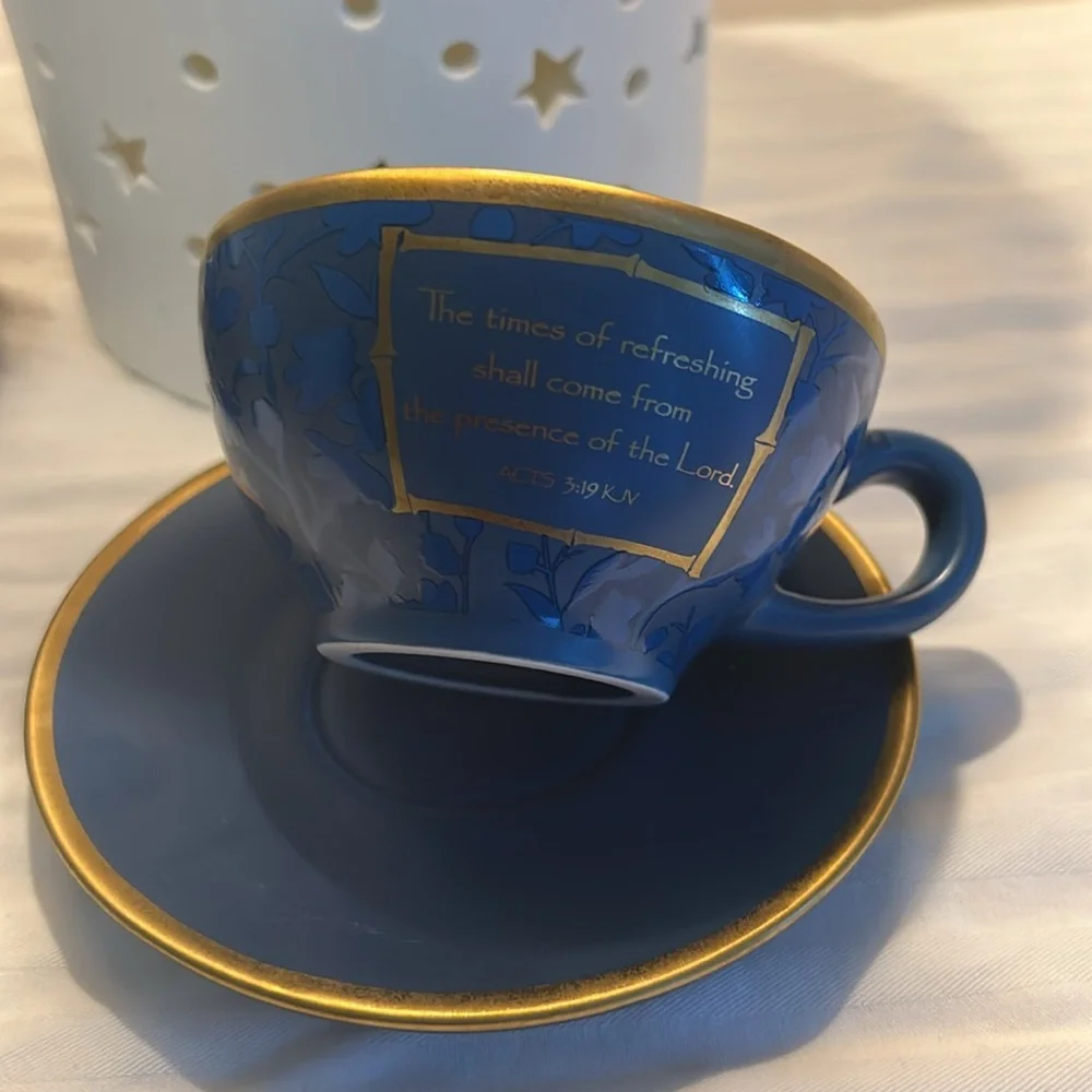 DaySpring Scripture Verse Tea Cup and saucer. Verse- Acts 3:19 KJV Blue & Gold